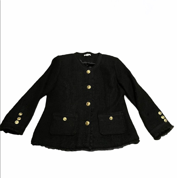 Tweed ruffle black and gold blazer